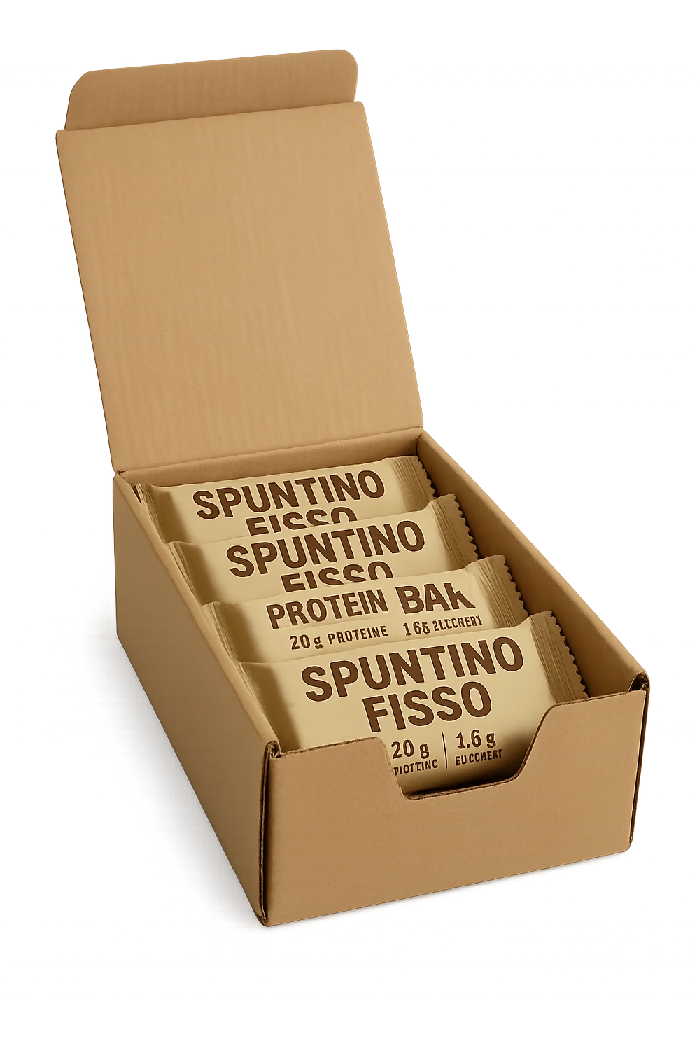 scatola aperta piena di barrette proteiche, con la scritta "SPUNTINO FISSO" SULLA CONFEZIONE in italiano,  realistici emoji