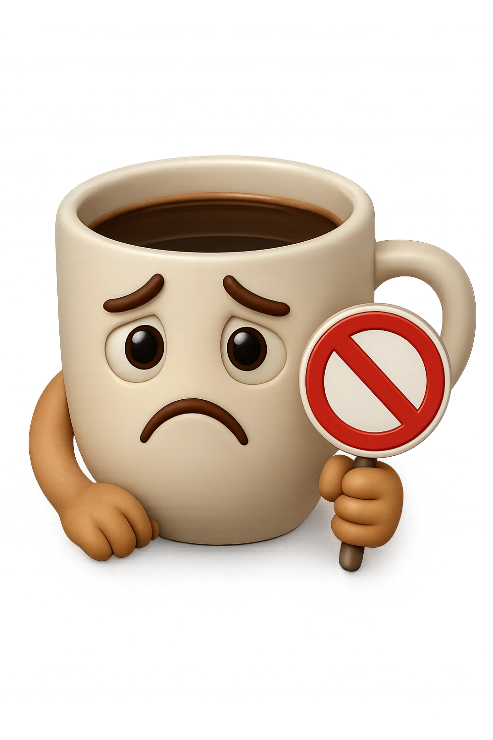 emoji stile iphone di una tazzina di caffè con espressione triste in volto mentre tiene un divieto in mano, iperrealistico 4k emoji