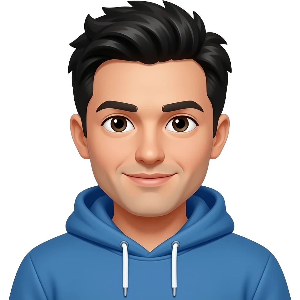 men with short wild black hair, wearing a blue hoodie emoji