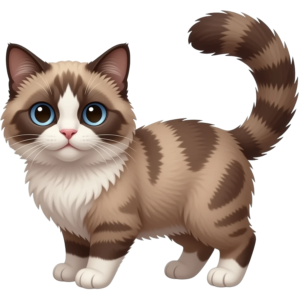 Fuzzy chocolate-pointed Scottish-Fold-Skookum-Kinkalow-Munchkin-Cat-hybrid with a long thin tufted tapered tail and tufted ears emoji