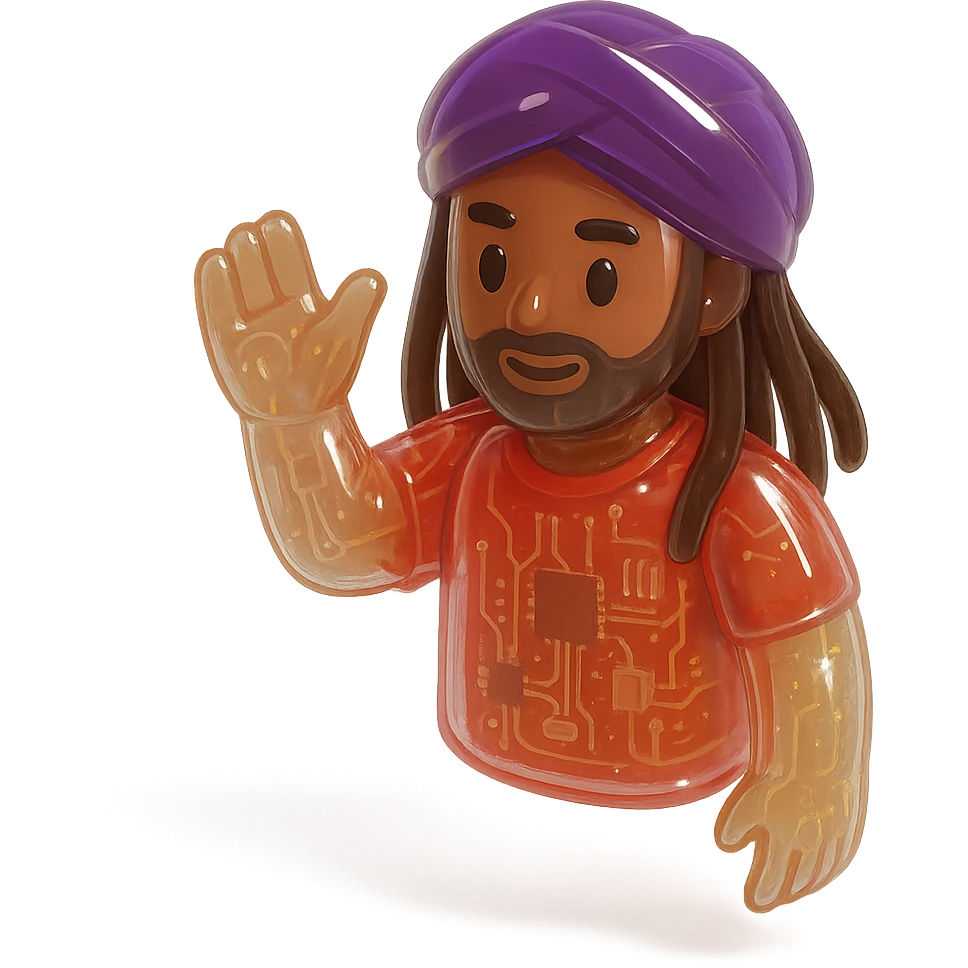 Brownskin man with long brown dreadlocks 
red t-shirt 
purple turban 
expression is waving hello emoji