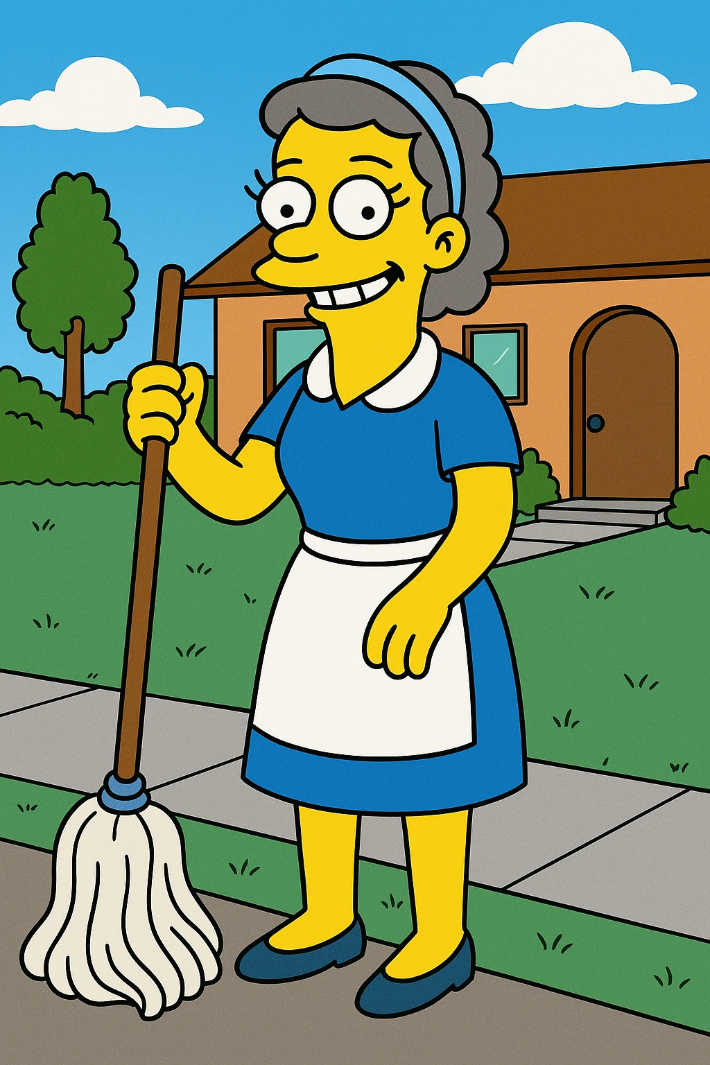 cleaning woman in Simpsons cartoon style, yellow skin, blue dress, holding a mop, friendly expression, simple background emoji
