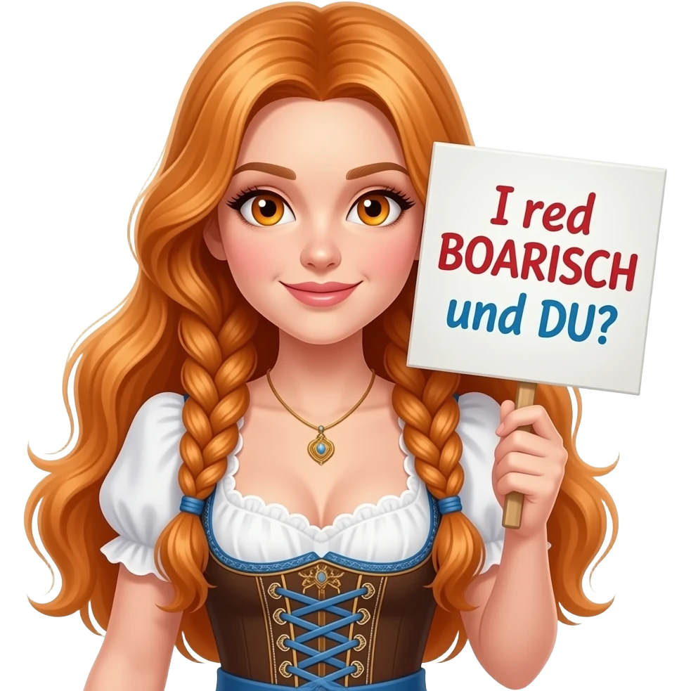 sexy girl with overlong ginger hair in braids and ginger eyes wearing a dirndl holding a I red BOARISCH und DU? sign emoji