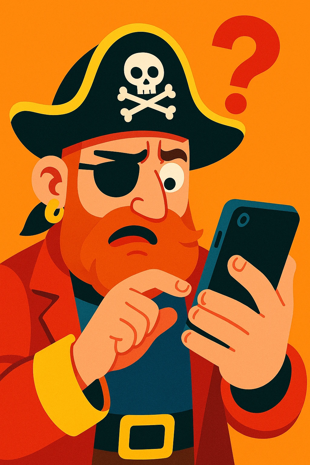 cartoon style pirate struggling to use a modern smartphone, confused expression, classic pirate hat, eyepatch emoji