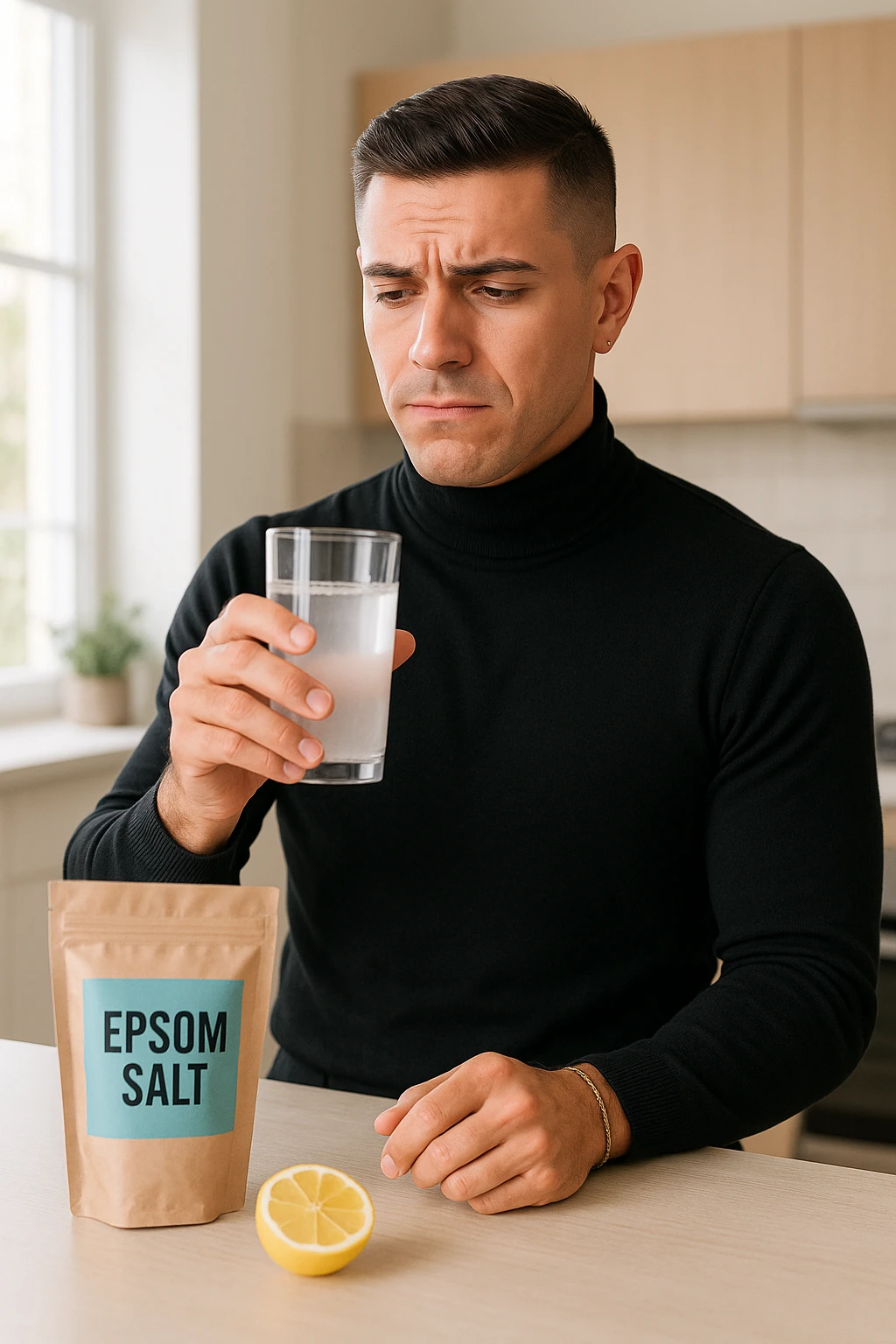 A realistic, bright photo-style image of a young man in his 30s standing in his kitchen, holding a clear glass filled with water in which Epsom salt (magnesium sulfate) has been dissolved. He looks focused but slightly uncertain as he prepares to drink it for a liver flush or digestive cleanse. The glass shows slight cloudiness from the dissolved salt. On the counter are a packet labeled 'Epsom Salt' and a sliced lemon, suggesting he might use it to mask the taste. The setting is clean, natural, and bright with neutral tones. The background shows sunlight streaming through a window, emphasizing a clean, minimalist health-focused environment. The mood conveys a realistic, calm moment of self-care with a hint of discomfort, illustrating a natural detox practice emoji