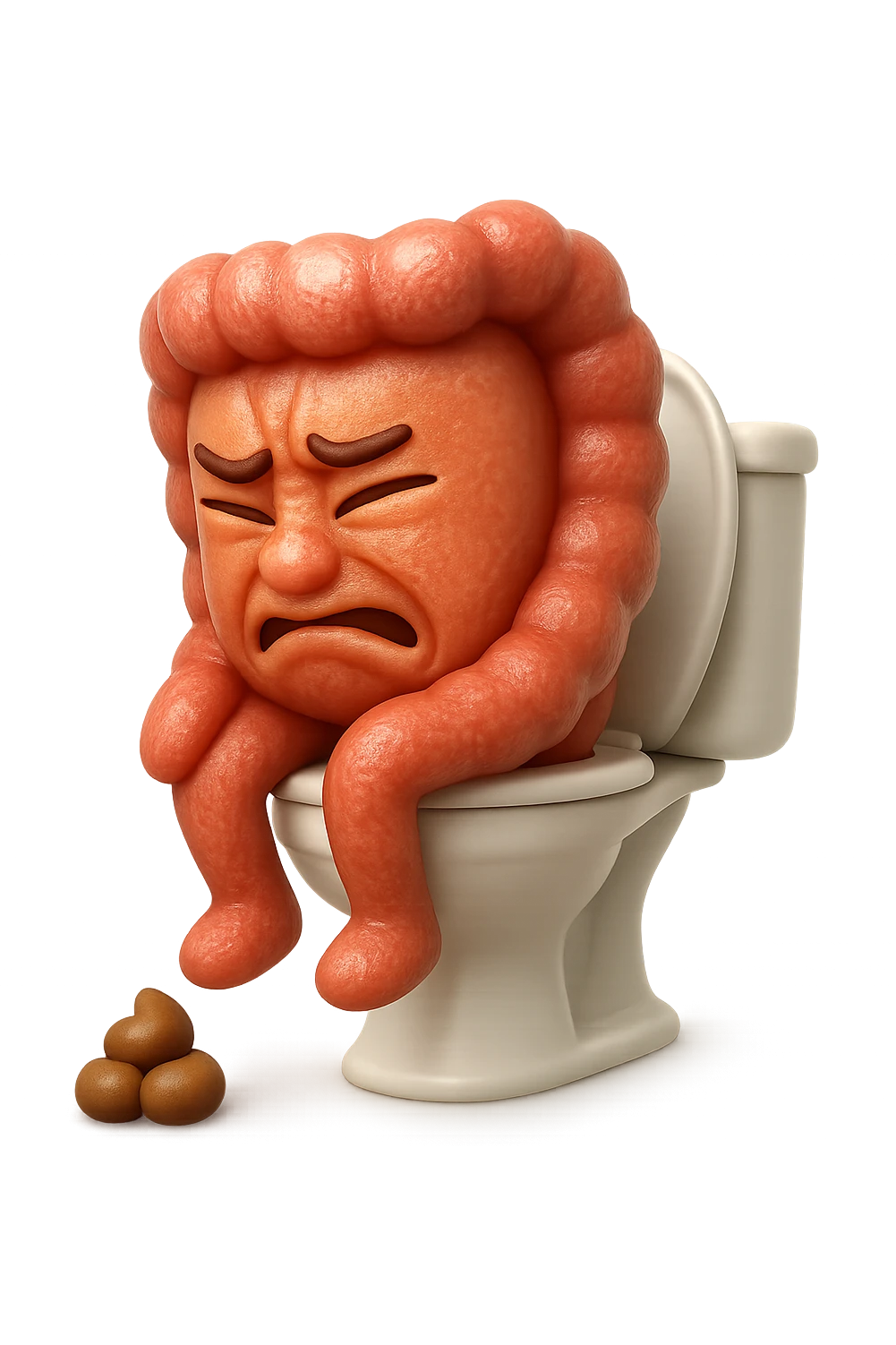 SU QUESTO STILE FAI UN EMOJI STILE IPHONE 3D DI UN INTESTINO CHE sta seduto sul wc e davanti ha una montagnetta di feci a palline stile emoji iphone, FAGLI UN ESPRESSIONE di dolore mentre si sforza E FALLO MOLTO REALISTICO IN 3D emoji