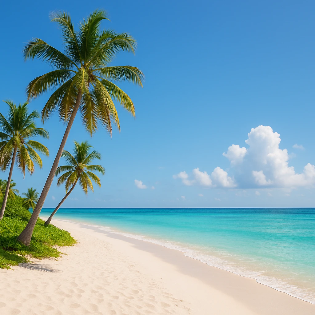 serene paradise scene with a peaceful beach, palm trees, and clear blue skies emoji