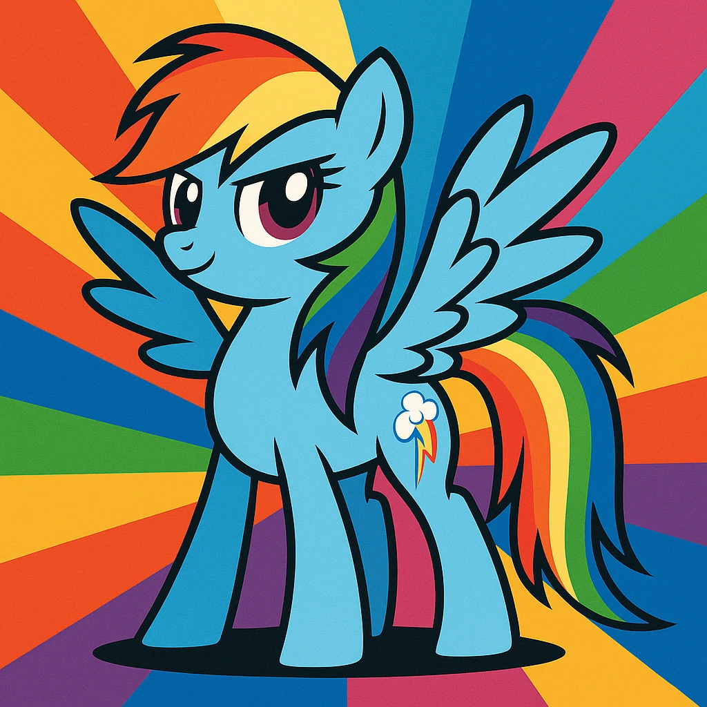 Rainbow Dash from My Little Pony, standing proudly, wings spread, colorful background emoji