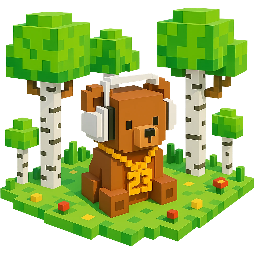 березовый лес, в котором сидит бурый медвежонок в белых наушниках (наушники должны закрывать уши медведя), на медведе цепь с подвеской "23", no background  emoji