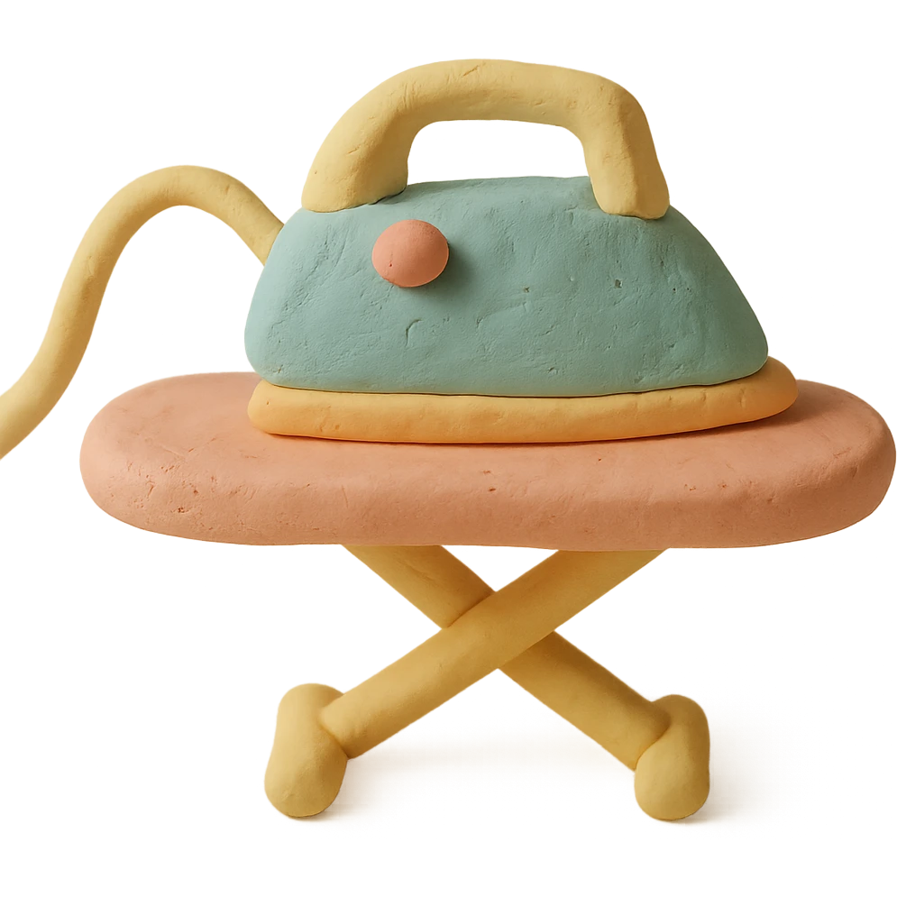 iron and ironing board in claymation style, pastel colors, visible fingerprints, soft matte finish emoji