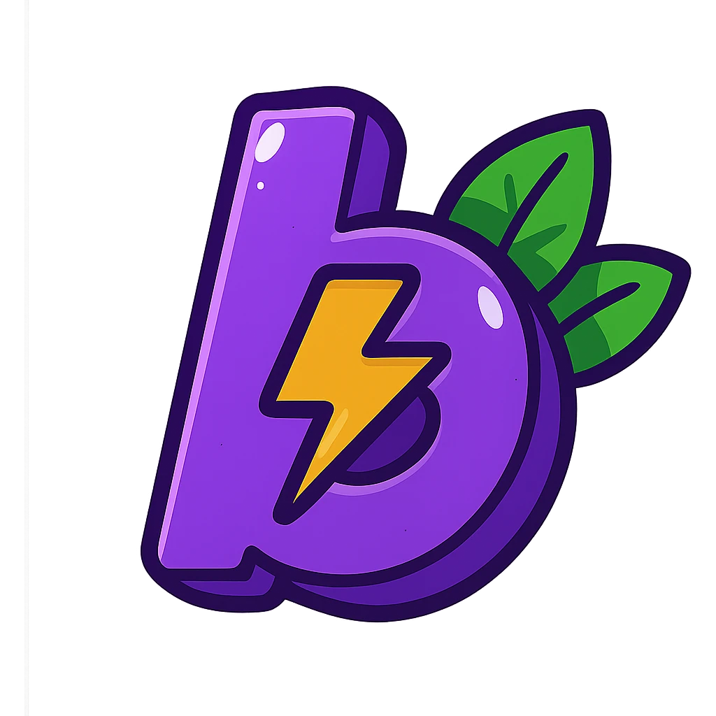 plump vibrant Boosty logo cartoon style purple 'b' with lightning bolt cutout bold outline expressive shadows glossy highlights no background bright leaves arranged neatly behind logo one side slightly higher other slightly lower not symmetrical emoji