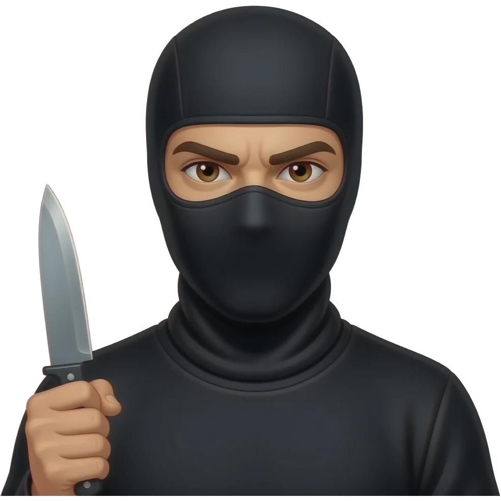 Spanish Man brown eyes wearing all black in balaclava with knife emoji