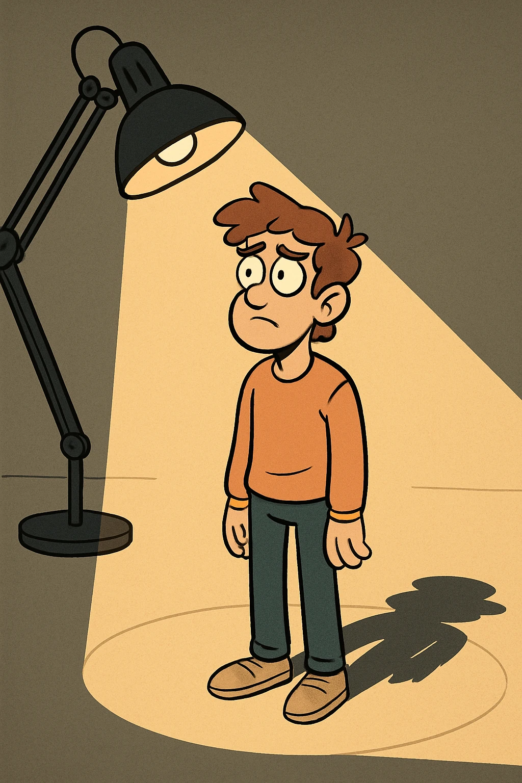moderne Illustration einer stehenden Person im Scheinwerferlicht einer Lampe, sichtbarer Schattenwurf emoji