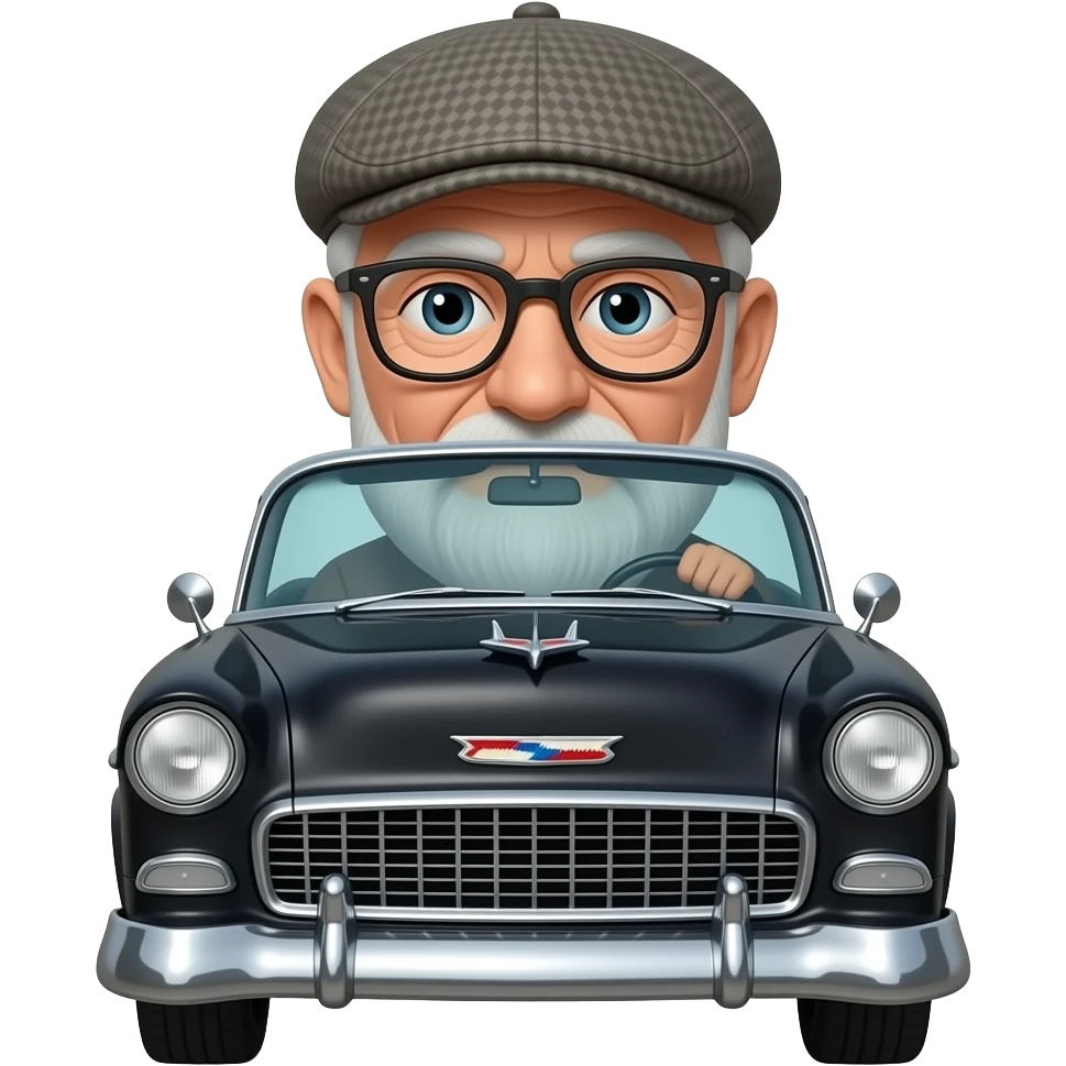 OLD MAN WITH GLASSES NO FACIAL HAIR AND FLAT CAP DRIVING BLACK 1955 CHEVY WITH emoji