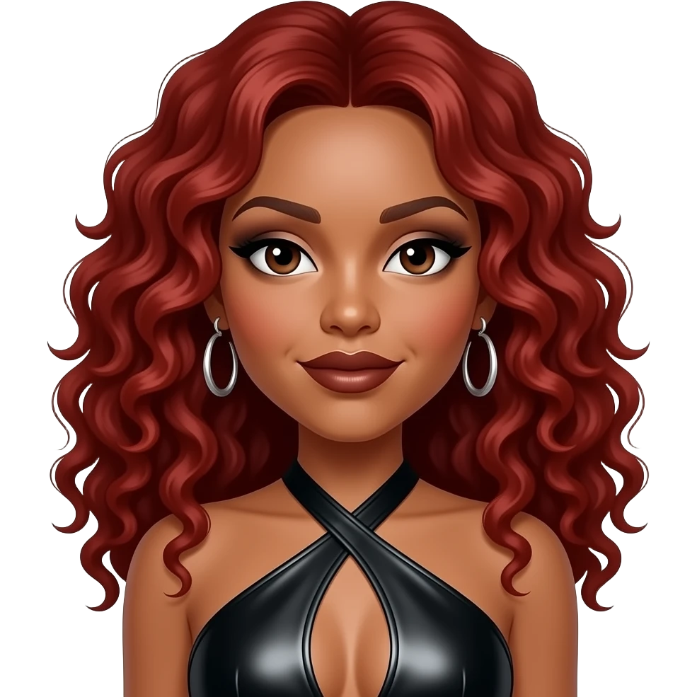 LaTavia Roberson from Destiny's Child with dark brown eyes, long red 1990s curly hair, black eyeshadow, dark brown lipstick, black metallic halter dress, earrings emoji
