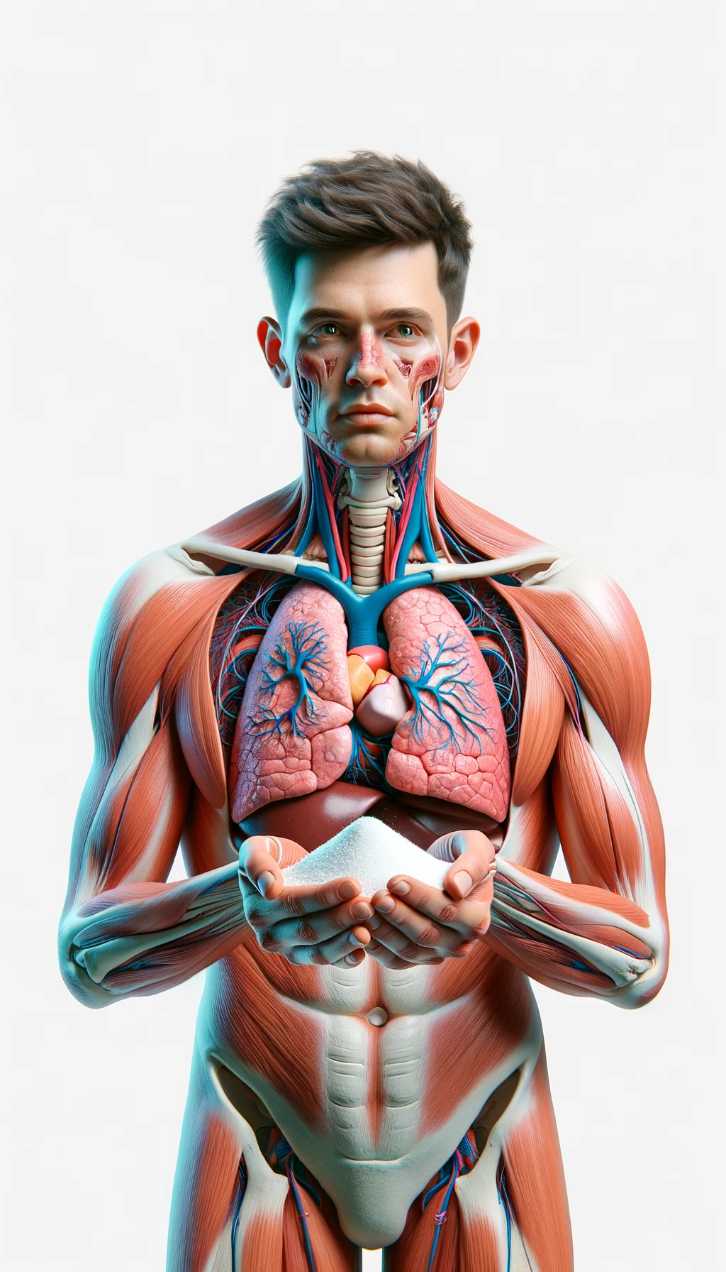 corpo umano anatomico con capelli corti a figura intera fino alle ginocchia, organi e tiroide infiammata in evidenza, tiene in mano una manciata di zollette di zucchero, iperrealistica 4k, isolato su sfondo bianco emoji