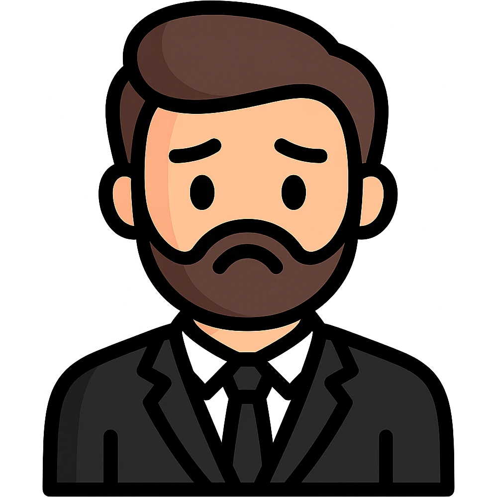 Create a simplified, vector-style Twitch emoji version of the person in the photo. Focus on the face and upper torso, dressed in a suit, with a sad expression. Background should be transparent and the style should be clean and minimalistic, suitable for Twitch emoji use. emoji