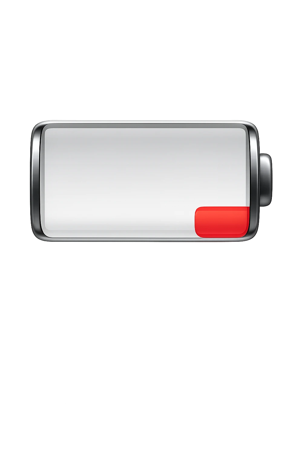 iPhone-style emoji of a battery that is almost empty, with a small red bar at the end indicating low energy. Clean, minimal, glossy look, transparent background. emoji