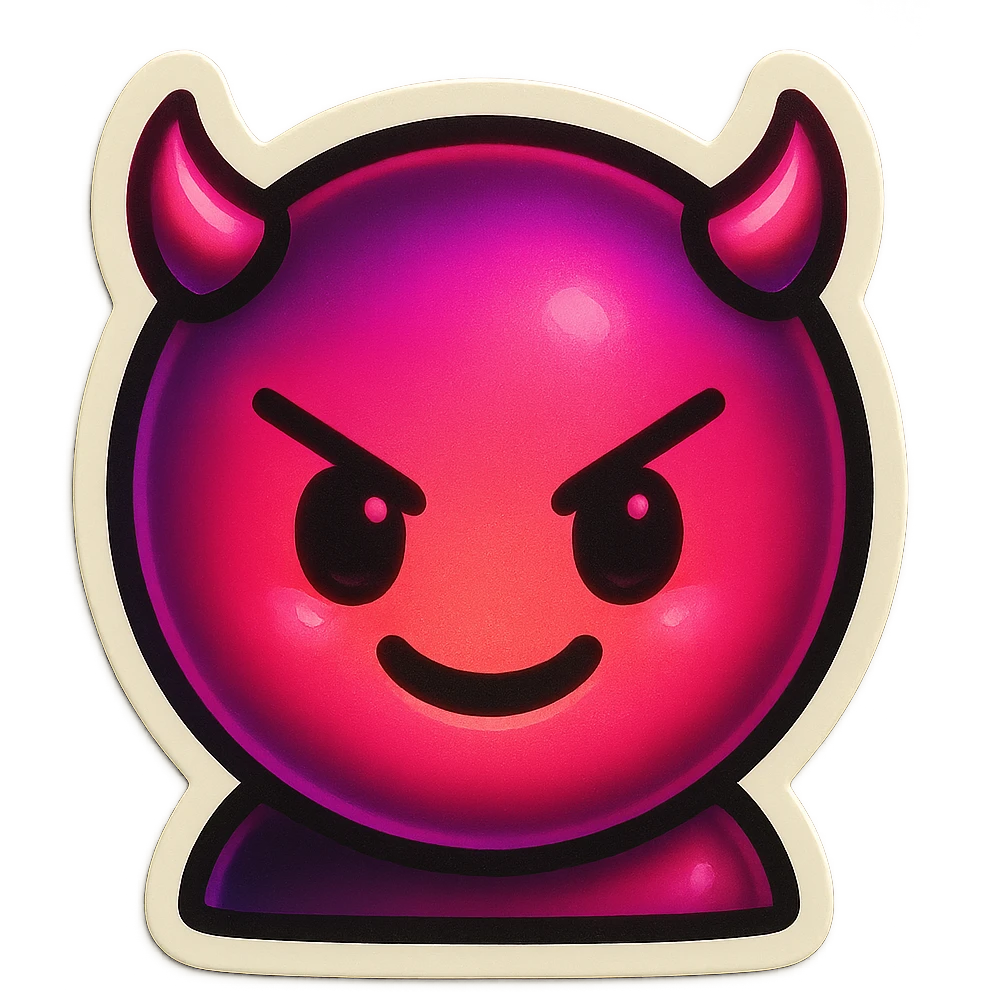 devil emoji, neon pink and black colors, tiny horns, cute but mischievous expression, chibi style, neon palette, vibrant neon style emoji
