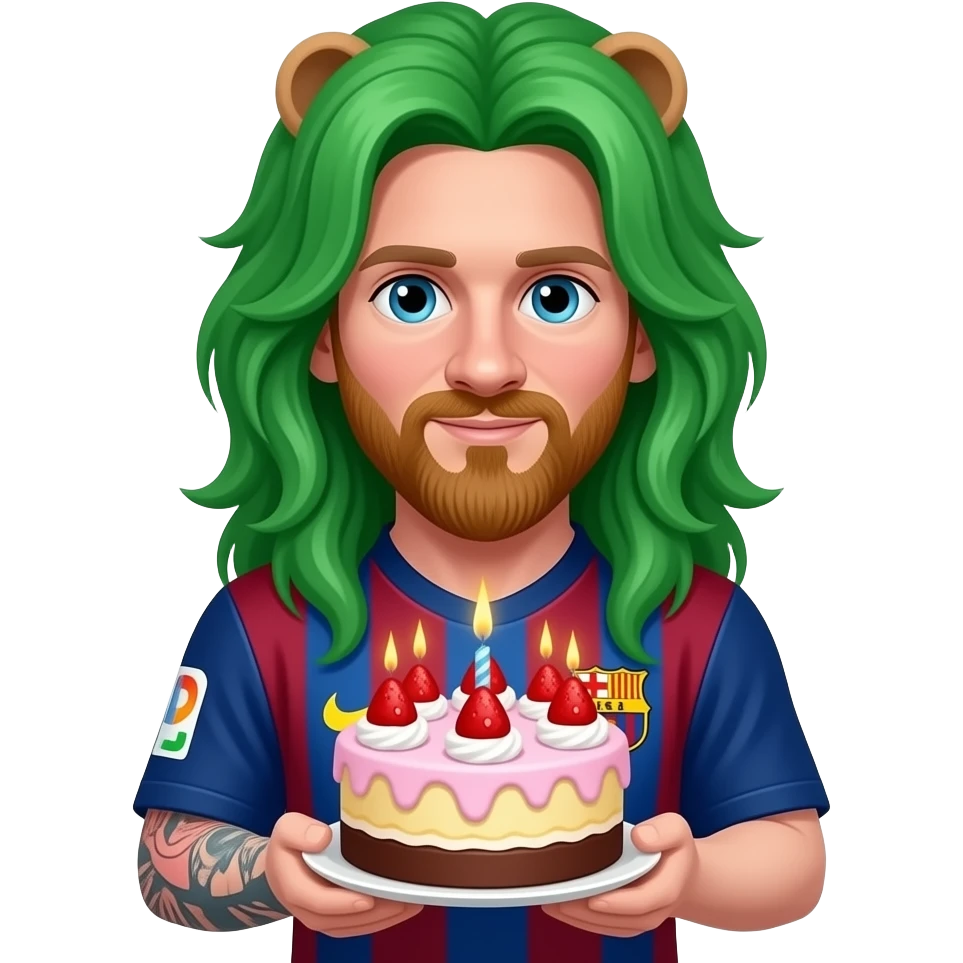 Messi have a green girls hair and holding cake with tall hair emoji