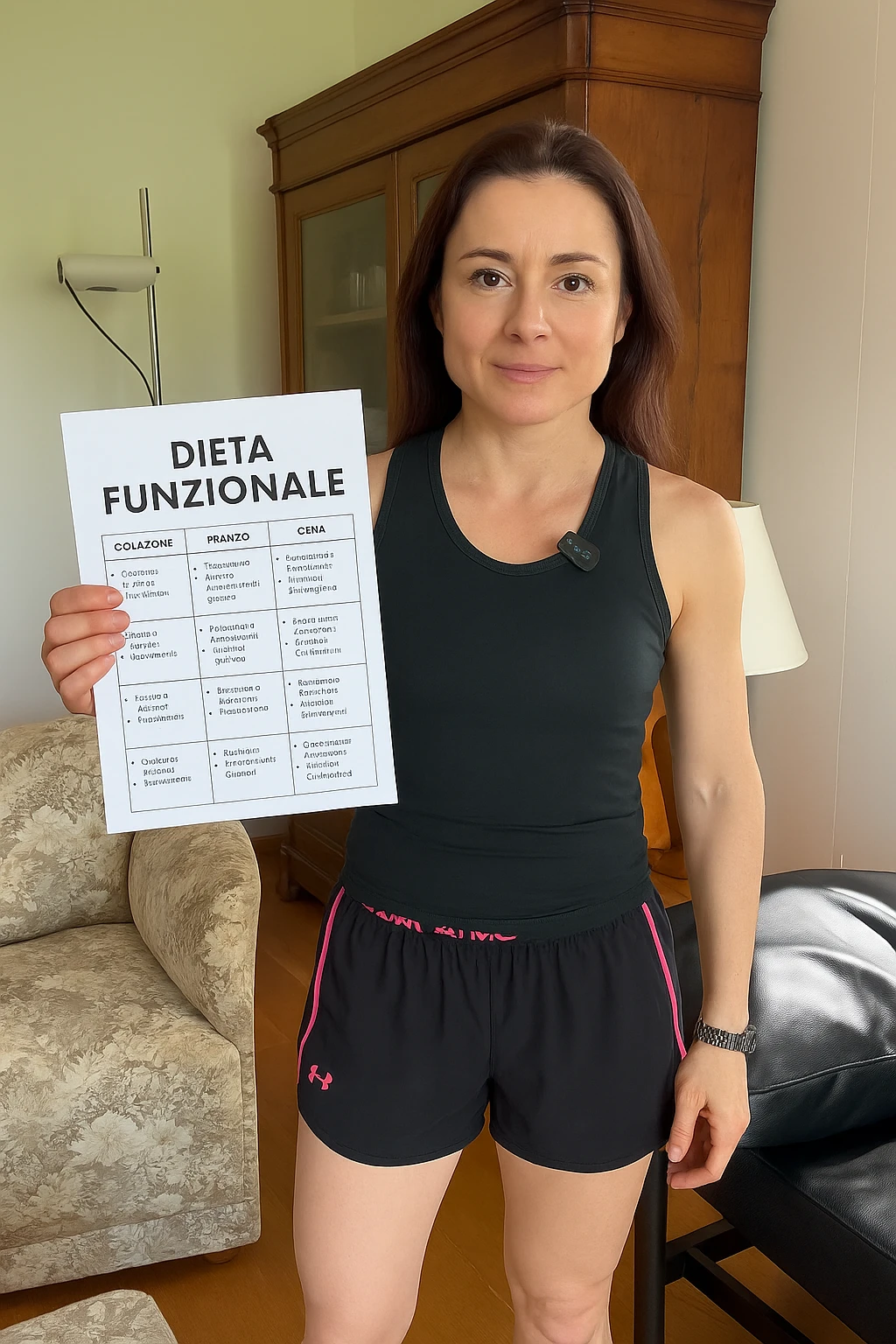 Donna con in mano una dieta con scritto "Dieta Funzionale" emoji