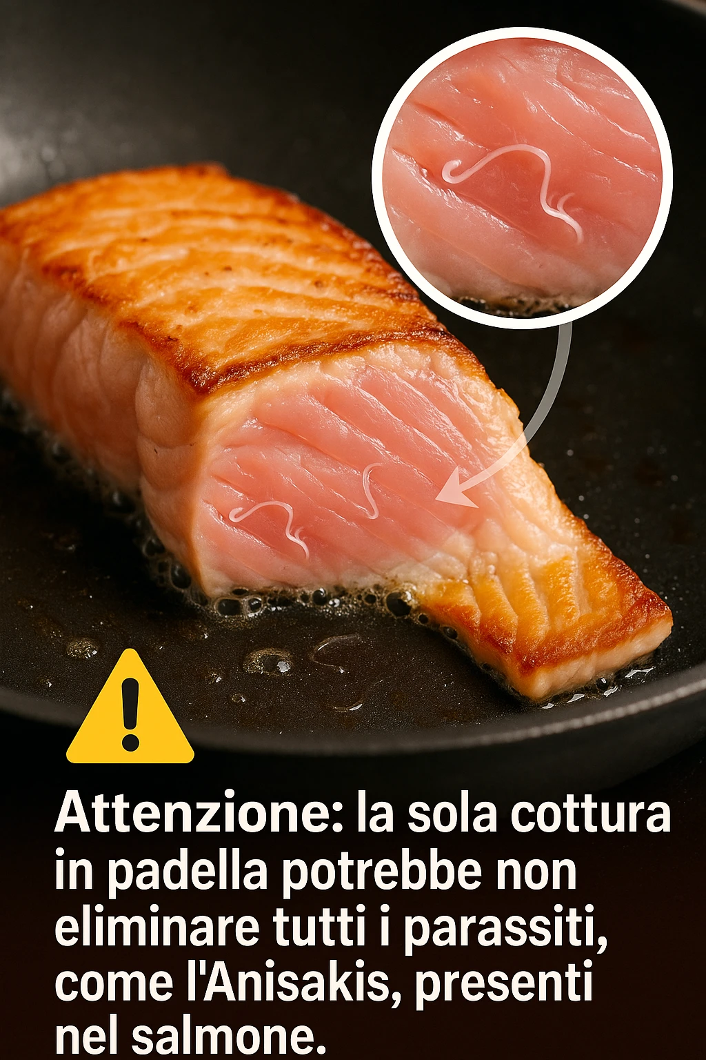 a close-up of a salmon fillet being lightly seared in a hot pan, with the outer layer cooked but the inside still raw. An inset magnifies the interior, showing visible Anisakis parasites surviving in the uncooked portion. A warning icon and educational text explain that searing alone may not eliminate all parasites. in italiano emoji