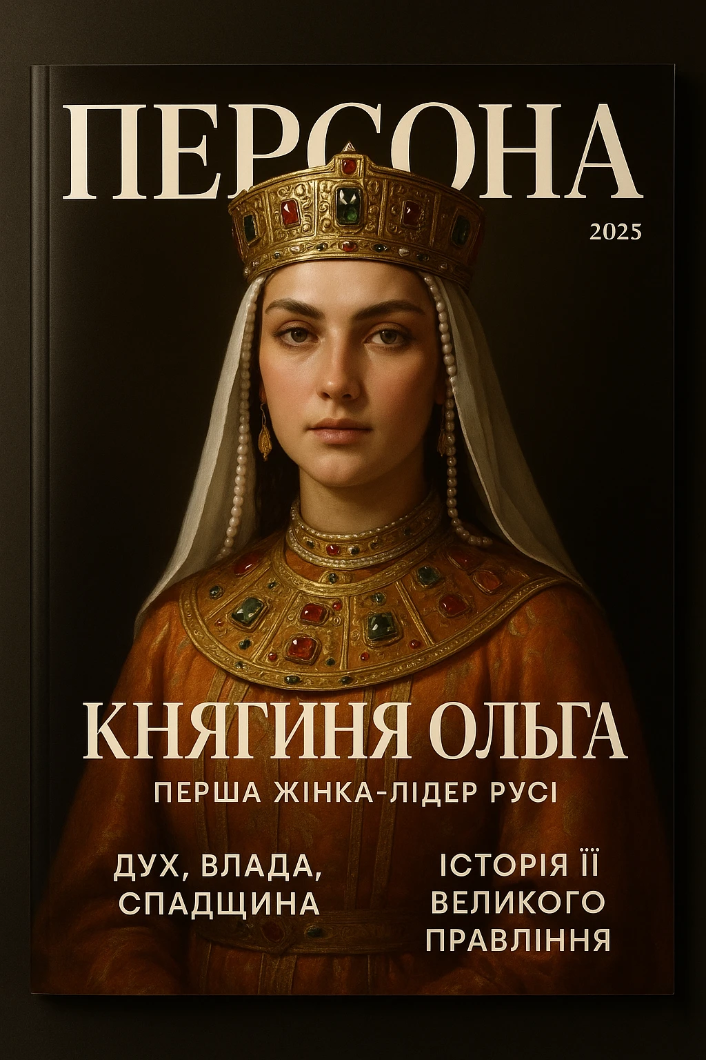 Create a glamorous, ultra-realistic magazine cover titled "Персона"
The cover features Princess Olga from the downloaded image.
The cover design should be bright with elegant typography.
Add the title: "Княгиня Ольга", the subtitle: "Перша жінка-лідер Русі", and the release date: "2025".
Include additional subheadings and a well-thought-out layout.
Premium lighting, dramatic shadows, rich colour correction, glossy paper texture, minimalist background, focus on the character and typography in the spirit of glossy publications. emoji