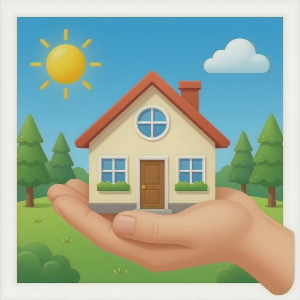 Una casa con un corazón sostenido por una mano emoji