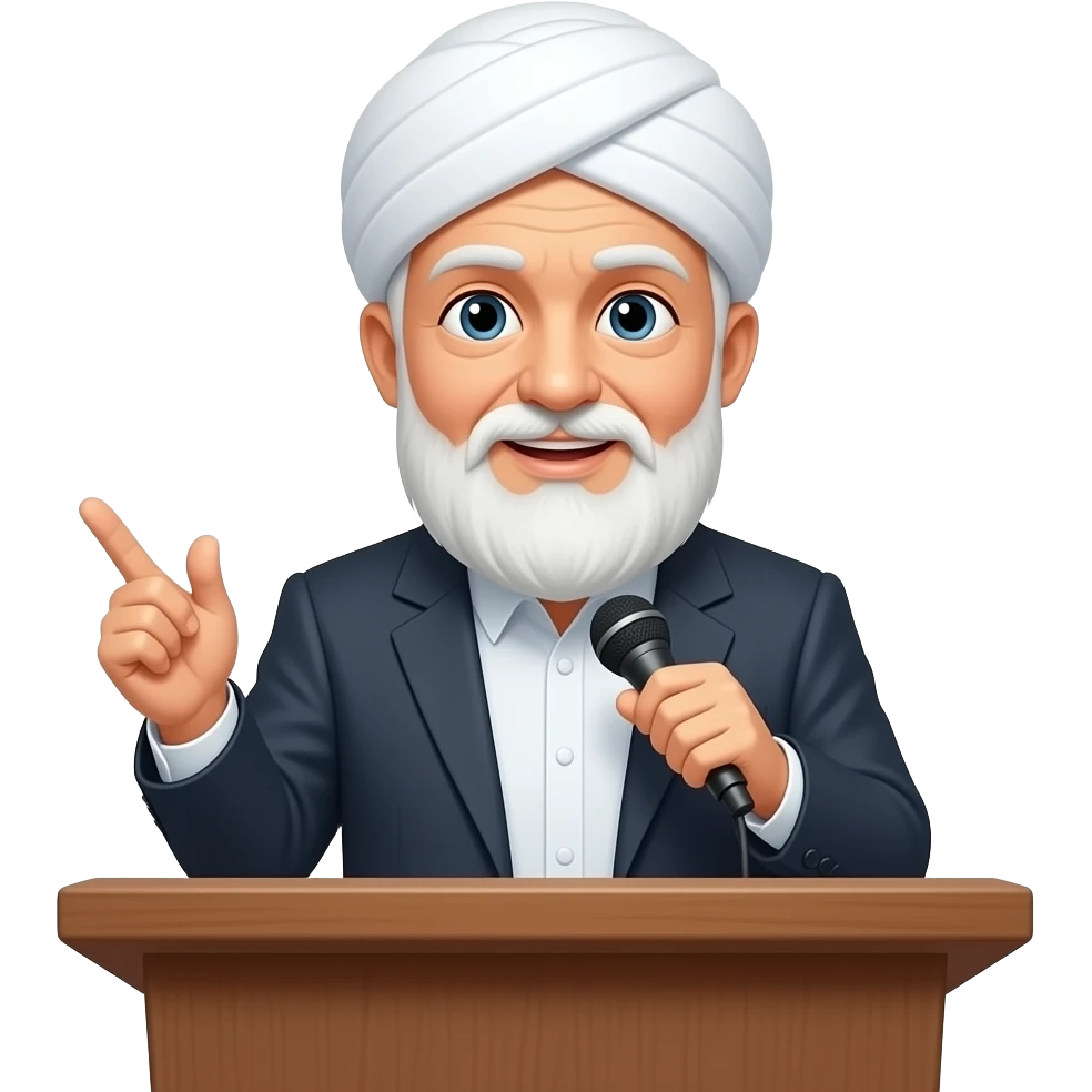 пожилой  мужчина мусульманин во весь рост в белой тюбитейке за кафедрой говорит правиильные слова emoji