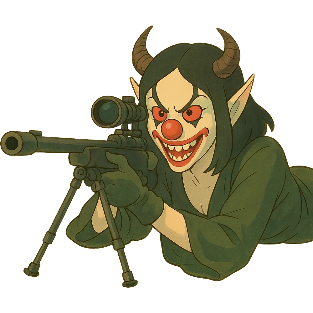 Evil clown assassin, prone and aiming a sniper rifle, ghibli-inspired style, soft shading, painterly, expressive, transparent background. emoji