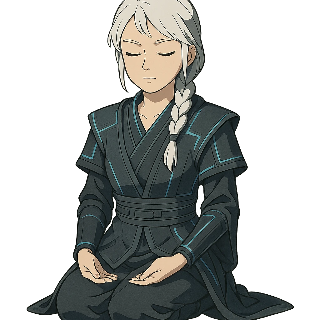  a closeup portrait of young woman with gold yellow eyes, white hair, long braid, black off-shoulder top, punk gothic style, futuristic cyberwave cyberpunk,  jedi attire, kneeling and gathering chi, jedi meditate, eyes closed hands at full rest. original republic jedi robes padawan emoji