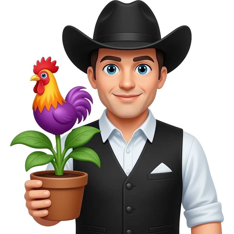 orange, purple Rooster clown plant, black vest cowboy emoji