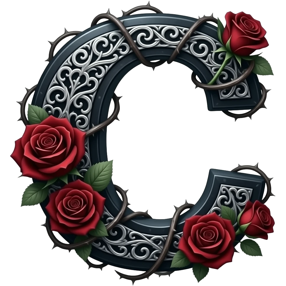 A heavy obsidian table bar letter 'C' with silver filigree engraving. Deep red velvet roses with thorny stems wrap over the letter. Glowing moonlight effect, dark and moody atmosphere, deep glowing emoji