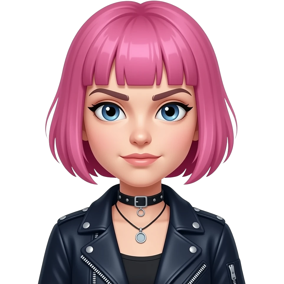 young woman, short choppy pink hair, playful but determined expression, punk style vibe, wearing dark jacket, head-and-shoulders portrait, centered, 3D glossy emoji style, clean background emoji