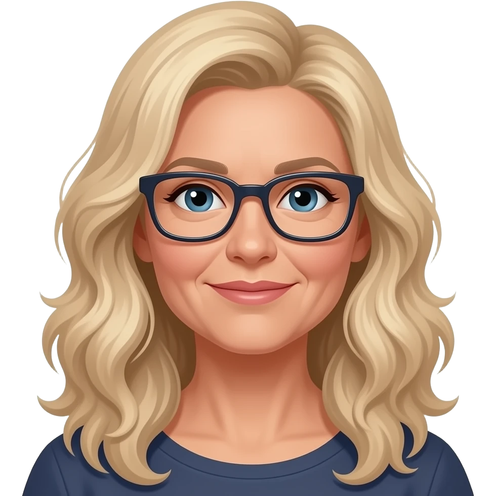 late thirties woman with long cool toned blonde loosely  curled hair, rectangular glasses and tan skin emoji