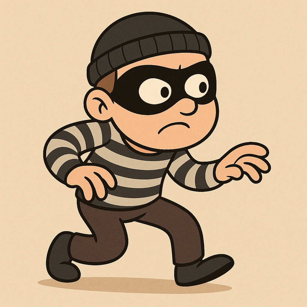 cute thief in a black eye mask and striped shirt, sneaking, cartoon style emoji