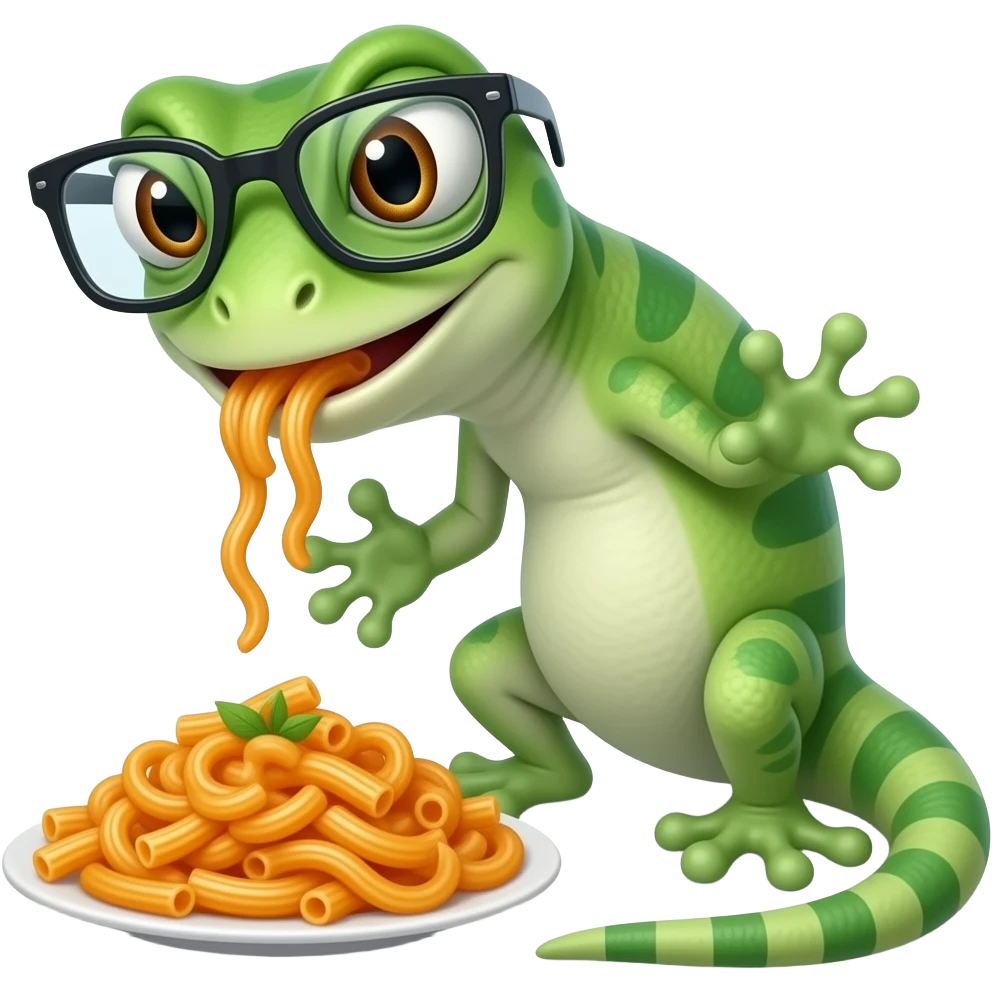 Quiero un diseño de gheco  rockero comiendo pasta  color naranja con gafas y muy rebelde è irreverente emoji