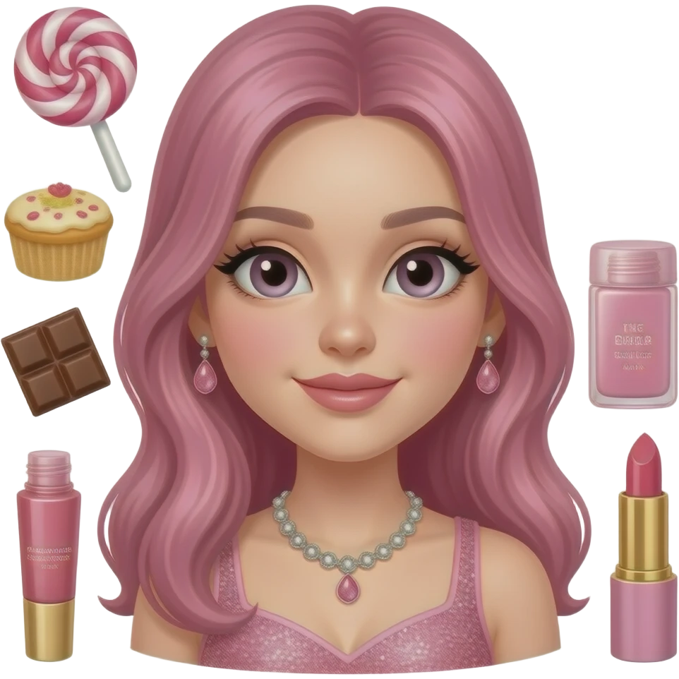 Pink Glitter sparkling candy and chocolate and lipstick and lipgloss, electronics , makeup, beauty products,  Jewellery, Food, and a girl emoji