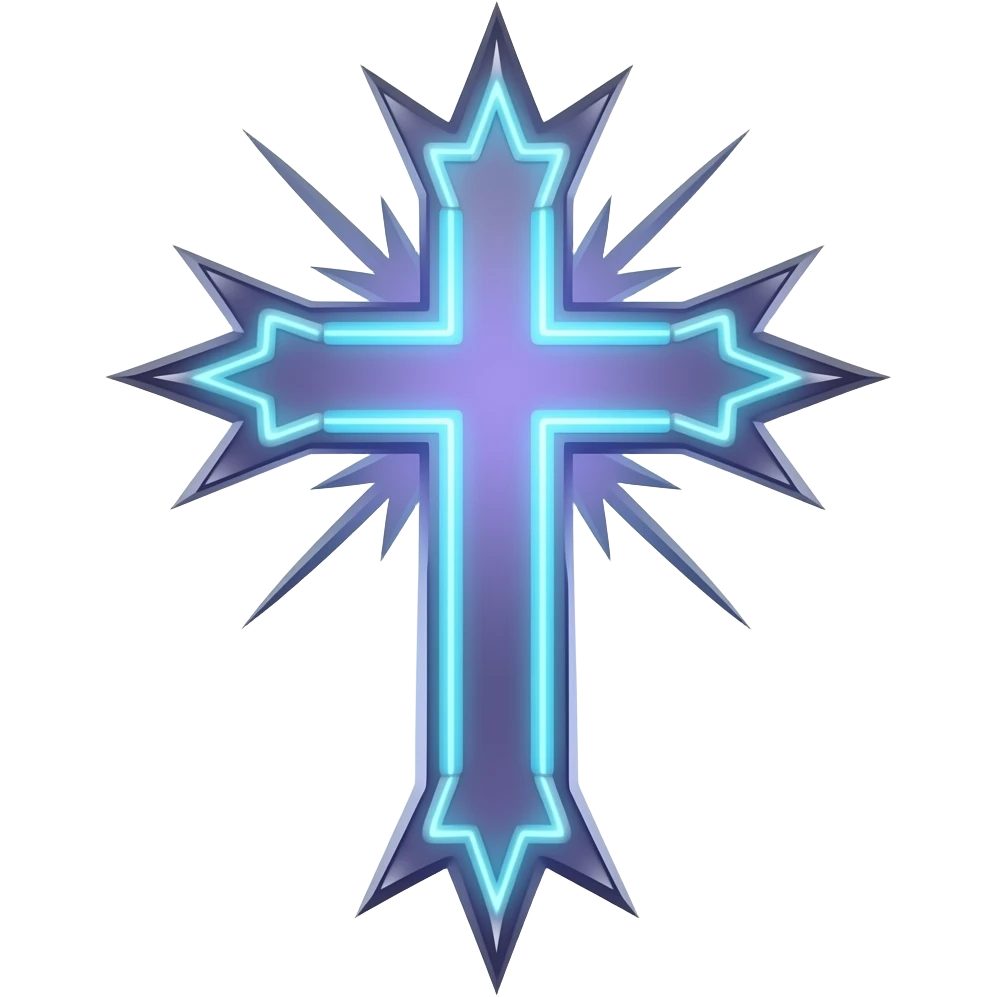 Periwinkle thin christian cross with edgy design that blinks neon every millisecond emoji