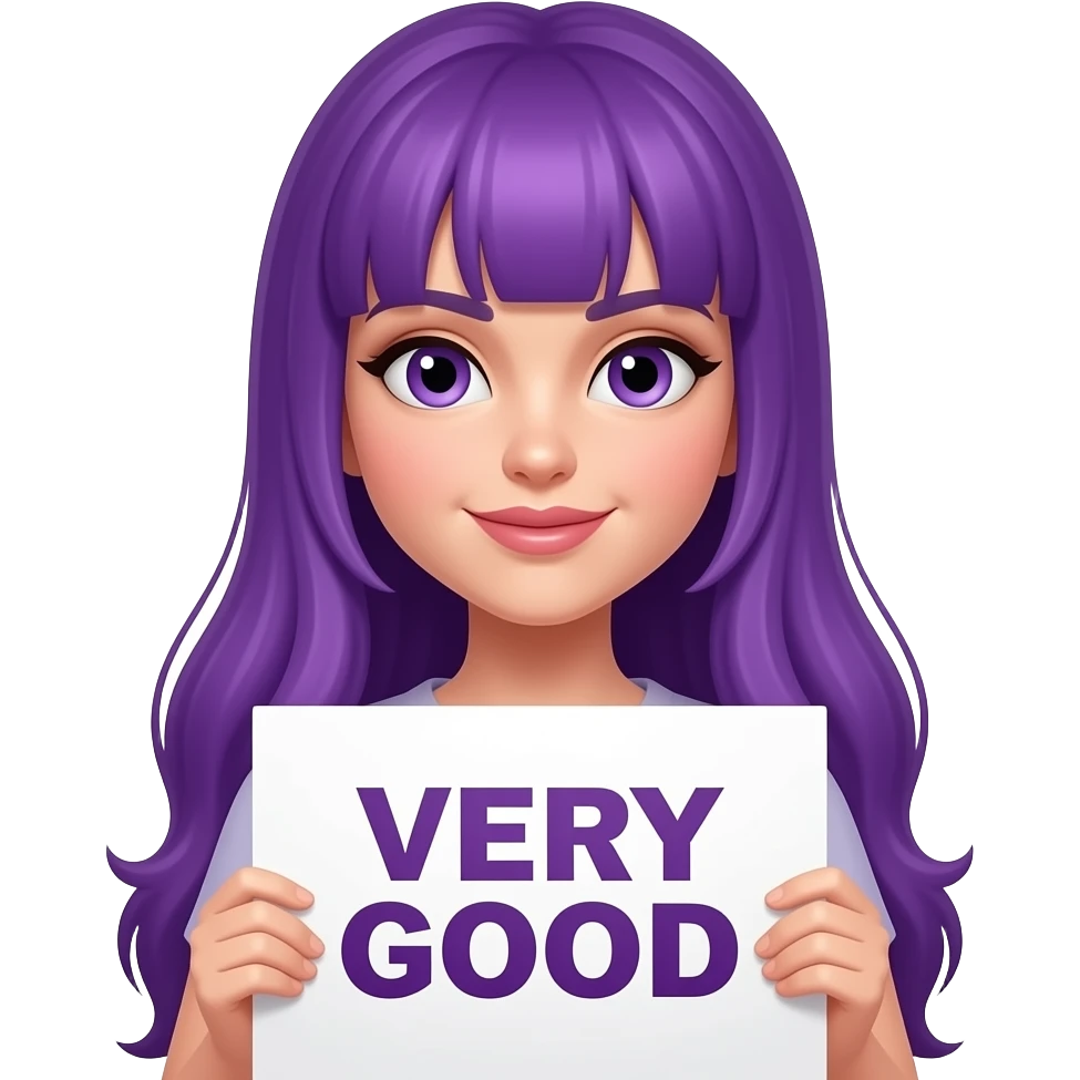 sexy girl with long purple hair and purple eyes holding a VERY GOOD sign emoji