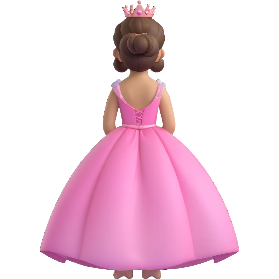 princess with brown hair in a bun, pink dress and tiara, back view, iOS 3D emoji style, high gloss, soft shadows, realistic and adorable emoji