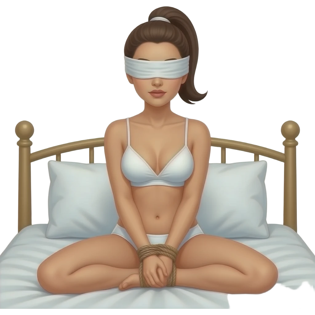 woman in blinfold with white underwear with ponytail on bed with legs apart and ankles tied to thighs shibari emoji