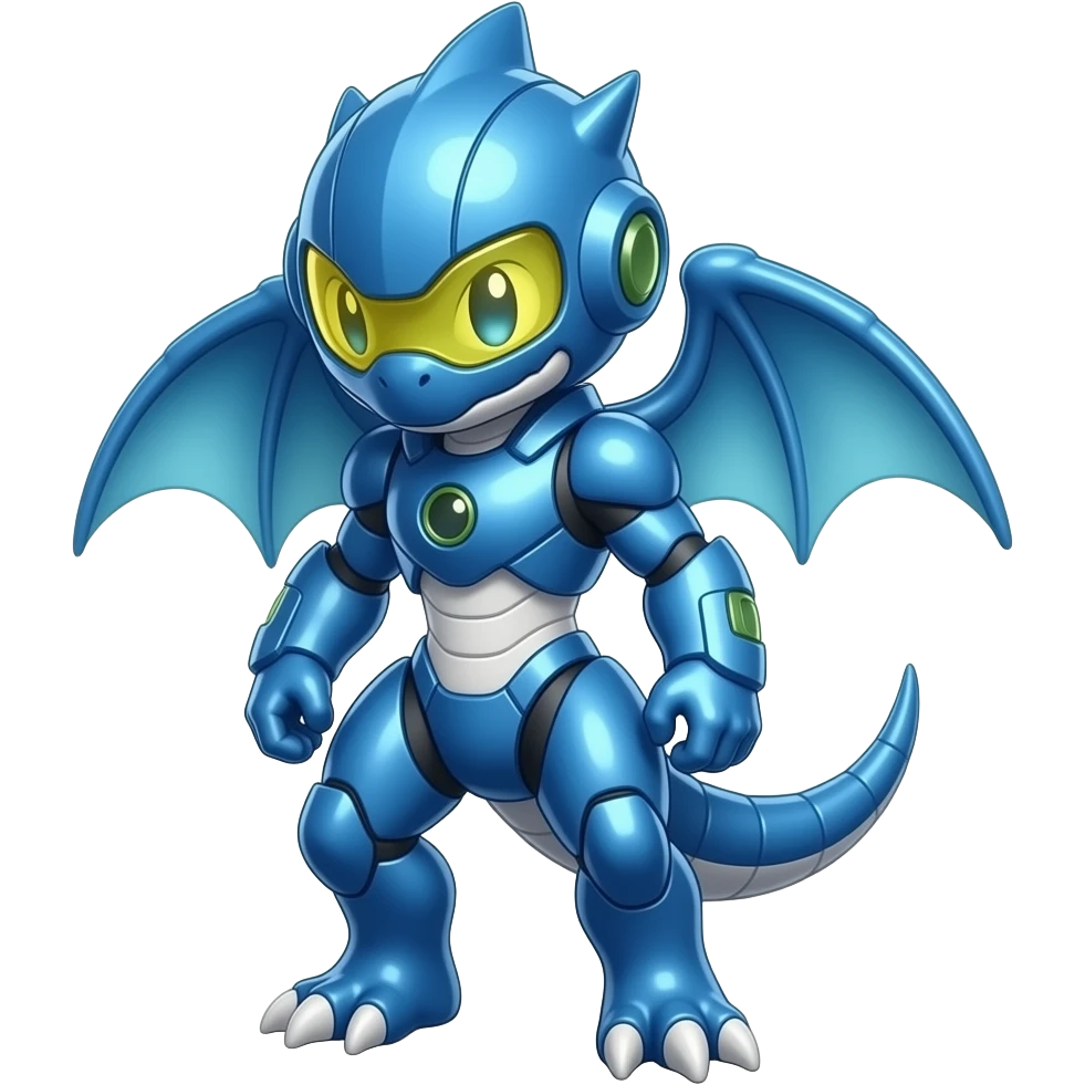 a shiny blue Genesect-Flygon-Raptor-Fakémon—hybrid with a futuristic visor-helmet full body emoji
