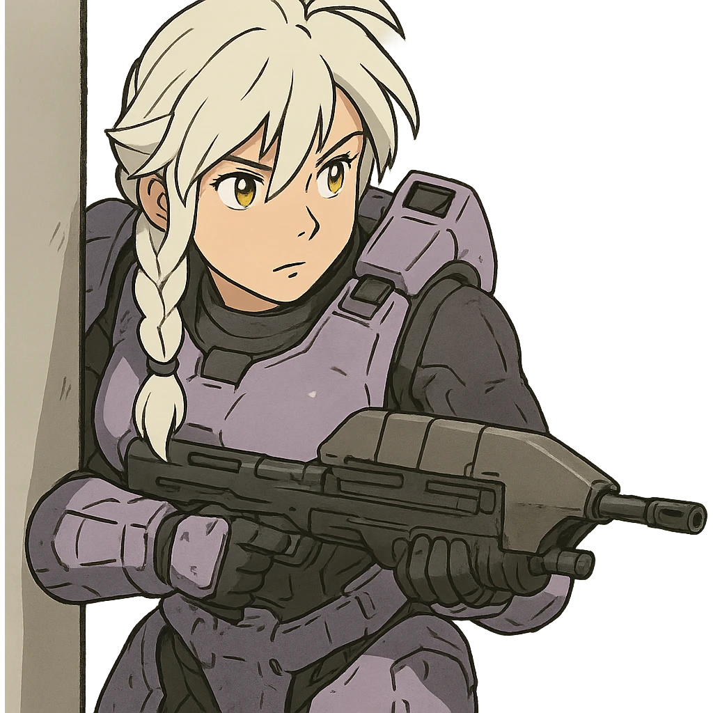 female, wearing reach spartan armor shoulder-unequip, long white braid hair with massive messy front side single bangs, gold yellow eyes, attention pose, HALO:series, no helmet, the armor is lavender color scheme, shoulder pad off. DDD bust size fitting. , peeking around a corner while aiming a classic HALO1 AR, tactical, lean emoji