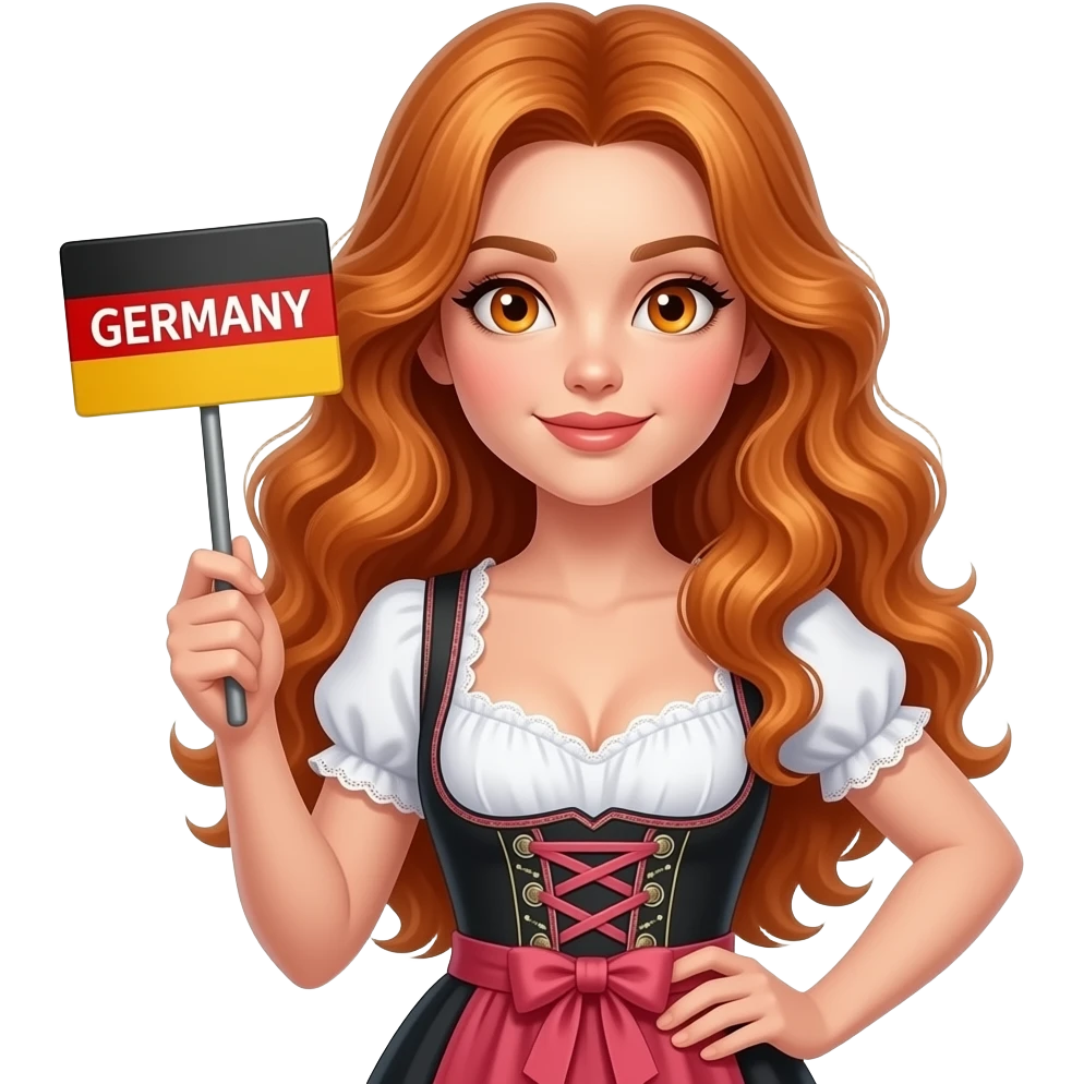 sexy girl with long curvy ginger hair and ginger eyes wearing a dirndl is holding a GERMANY sign, emoji