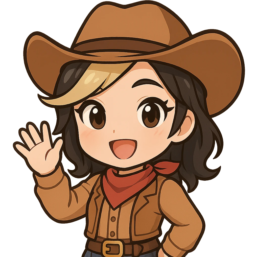 Chibi cowgirl with slightly longer hair and a blonde streak, wearing a cowboy hat and western outfit, no guns, chibi/anime style, transparent background, sized for Twitch or Discord use. Pose: waving, big happy smile. emoji