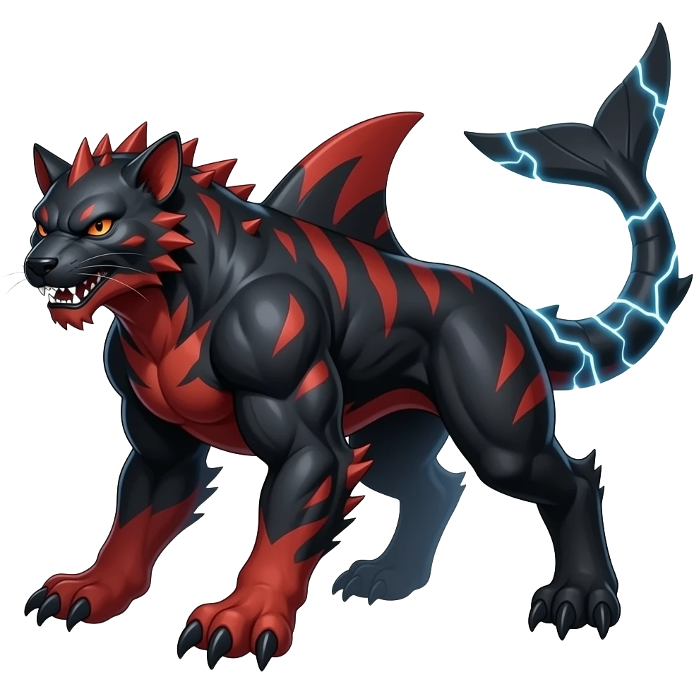 4-legged digitigrade black and red badass edgy landhai-carvanha-sharpedo-sergal-houndoom-Manectric-hybrid-fusion-creature, with a long shark tail behind, full body emoji
