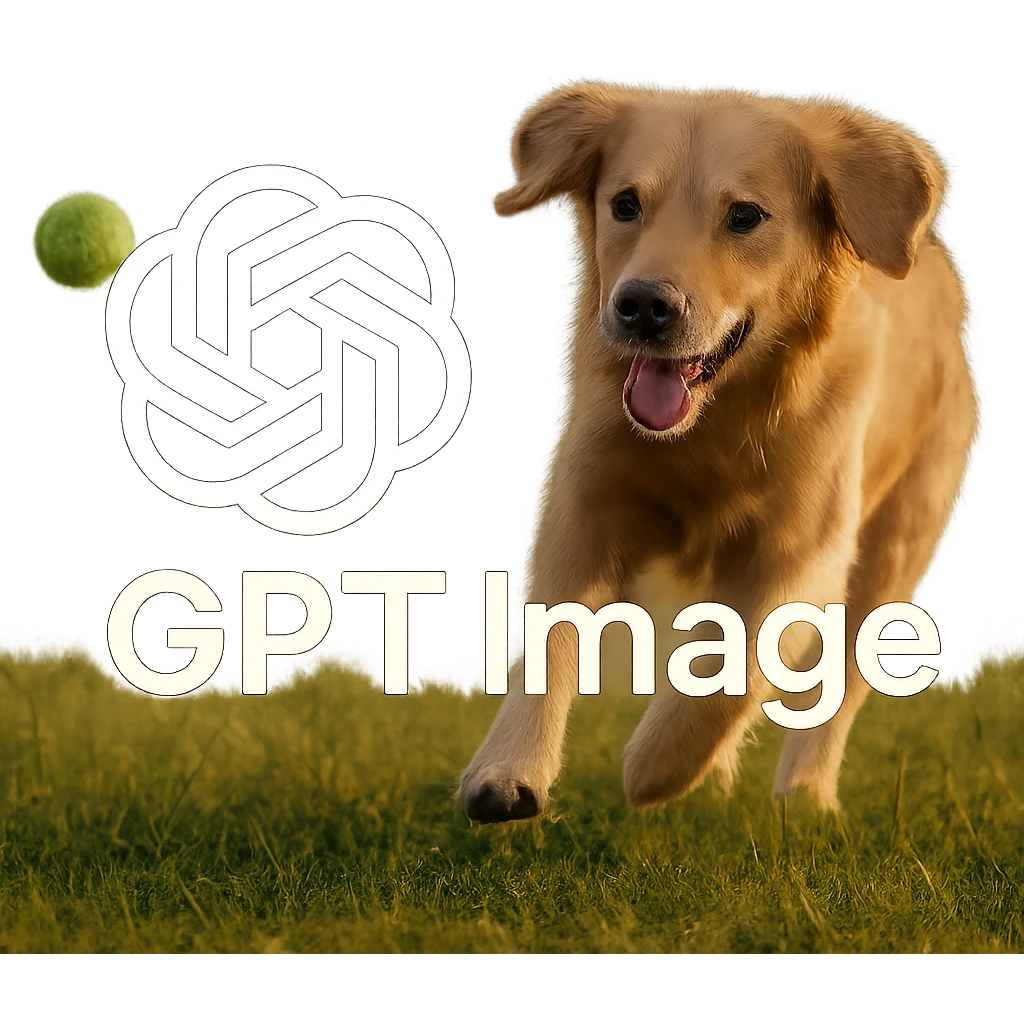  logo of chat gpt with text "GPT Image" on the background of a dog chasing ball, realistic image emoji