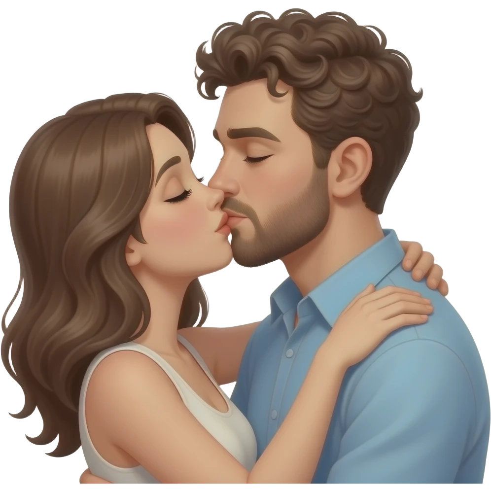 Realistic white man super short curly brown hair with beard kissing passionately and hugging realistic white girl brown hair HD emoji
