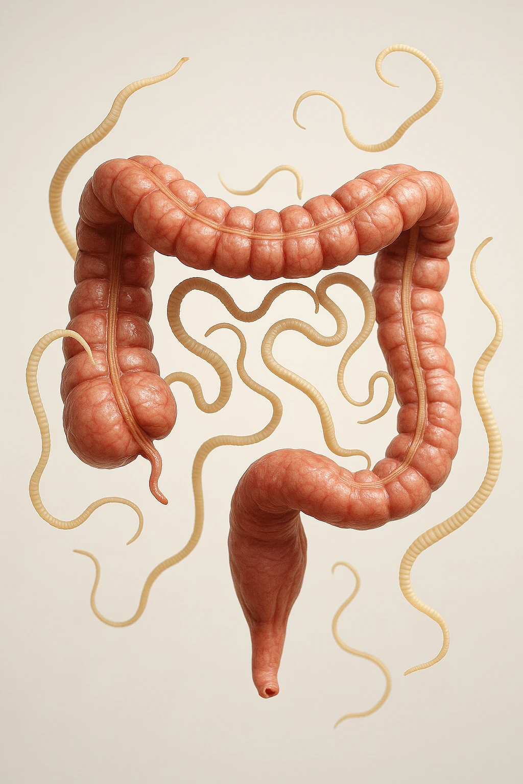 INTESTINO UMANO ANATOMICO REALISTICO FLUTTUA IN ARIA INSIEME A PARASSITI COME LA TENIA, SFONDO CHIARO, iperrealistico 4k emoji